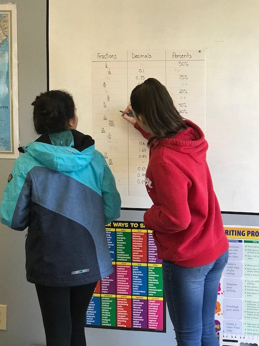 Two students converting fractions to decimals to percentages.